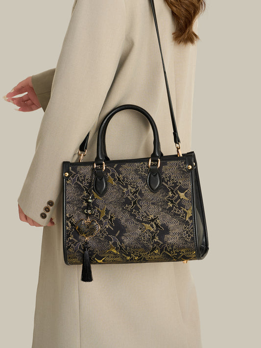 Mystic Crane Motif Vegan Eco-Leather Satchel Clutch Bag