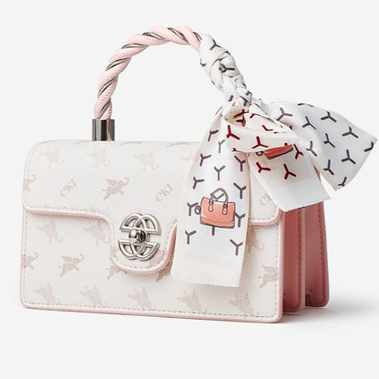 Retro Genuine Leather Shoulder Crossbody Bag With Scarf Decoration