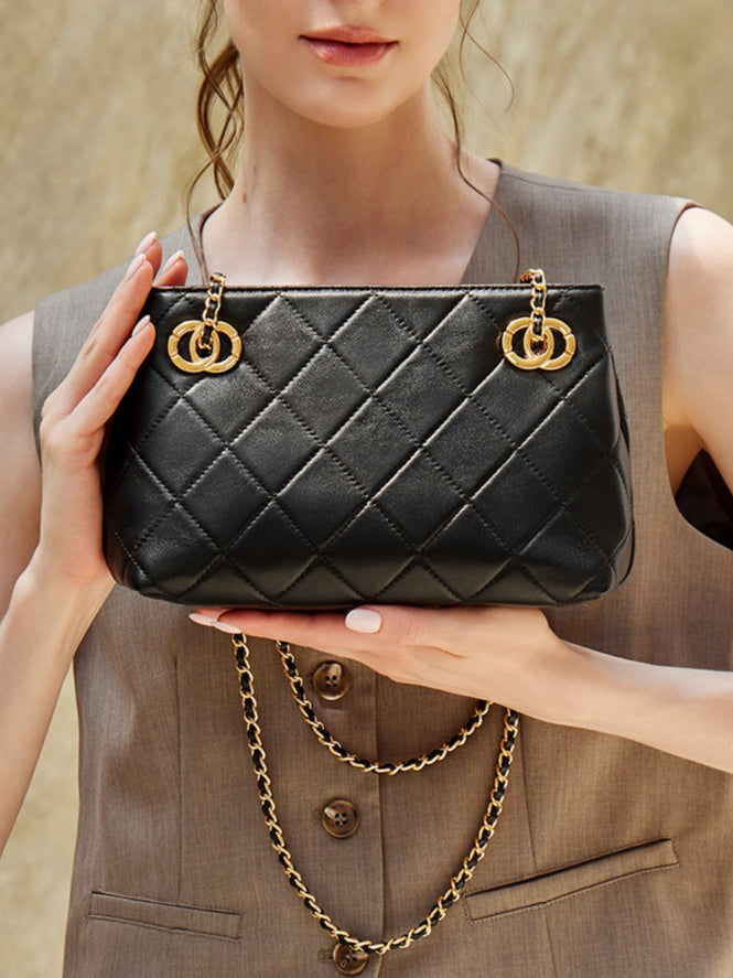 Classic Quilted Sheepskin Genuine Leather Chain Mini Tote Clutch Bag