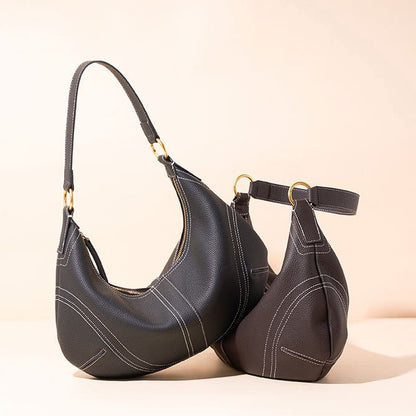 The Pebbled Genuine Leather Hobo Shoulder Bag with Contrast Stitching