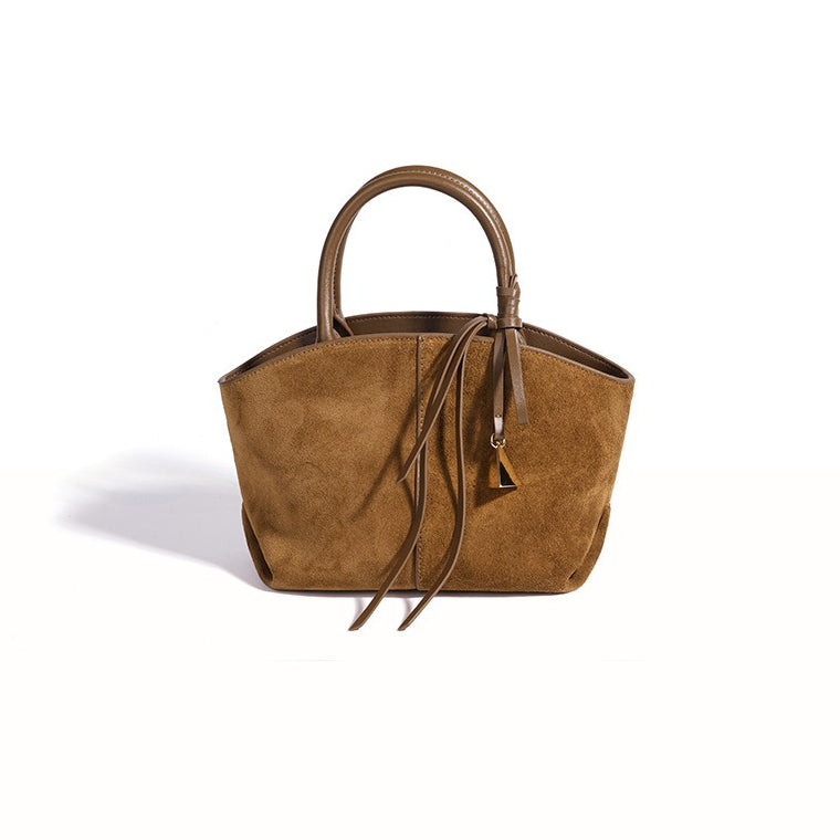 Graceful Slouchy Suede Genuine Leather Shell Tote Clutch Bag with Charm