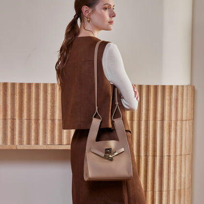 Borsa classica a secchiello chic in vera pelle per tutti i giorni, a tracolla