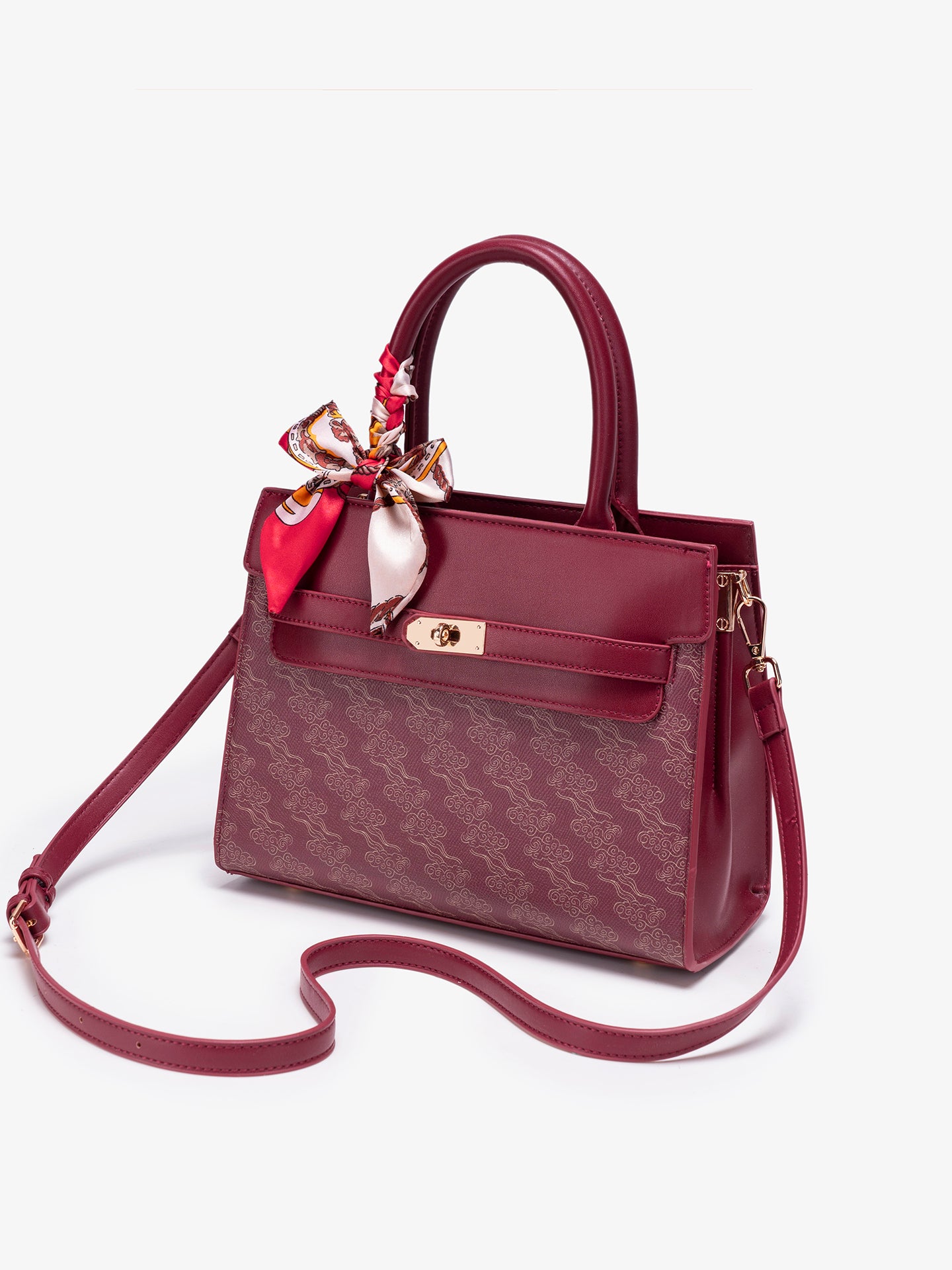 Regal Oriental Cloud Vegan Eco-Leather Tote Clutch Bag with Silk Scarf Charm