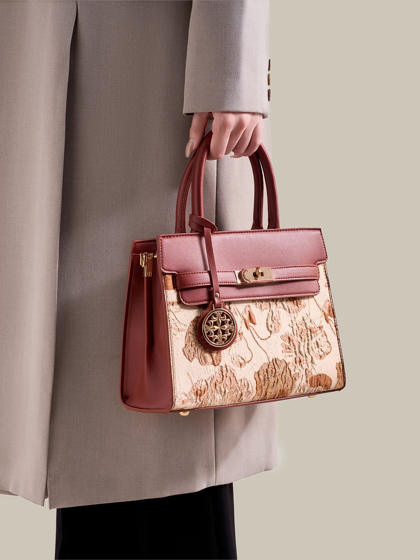 Classic Floral Vegan Eco-Leather Tote Clutch Bag with Metal Ornament Charm