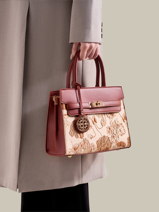 Classic Floral Vegan Eco-Leather Tote Clutch Bag with Metal Ornament Charm