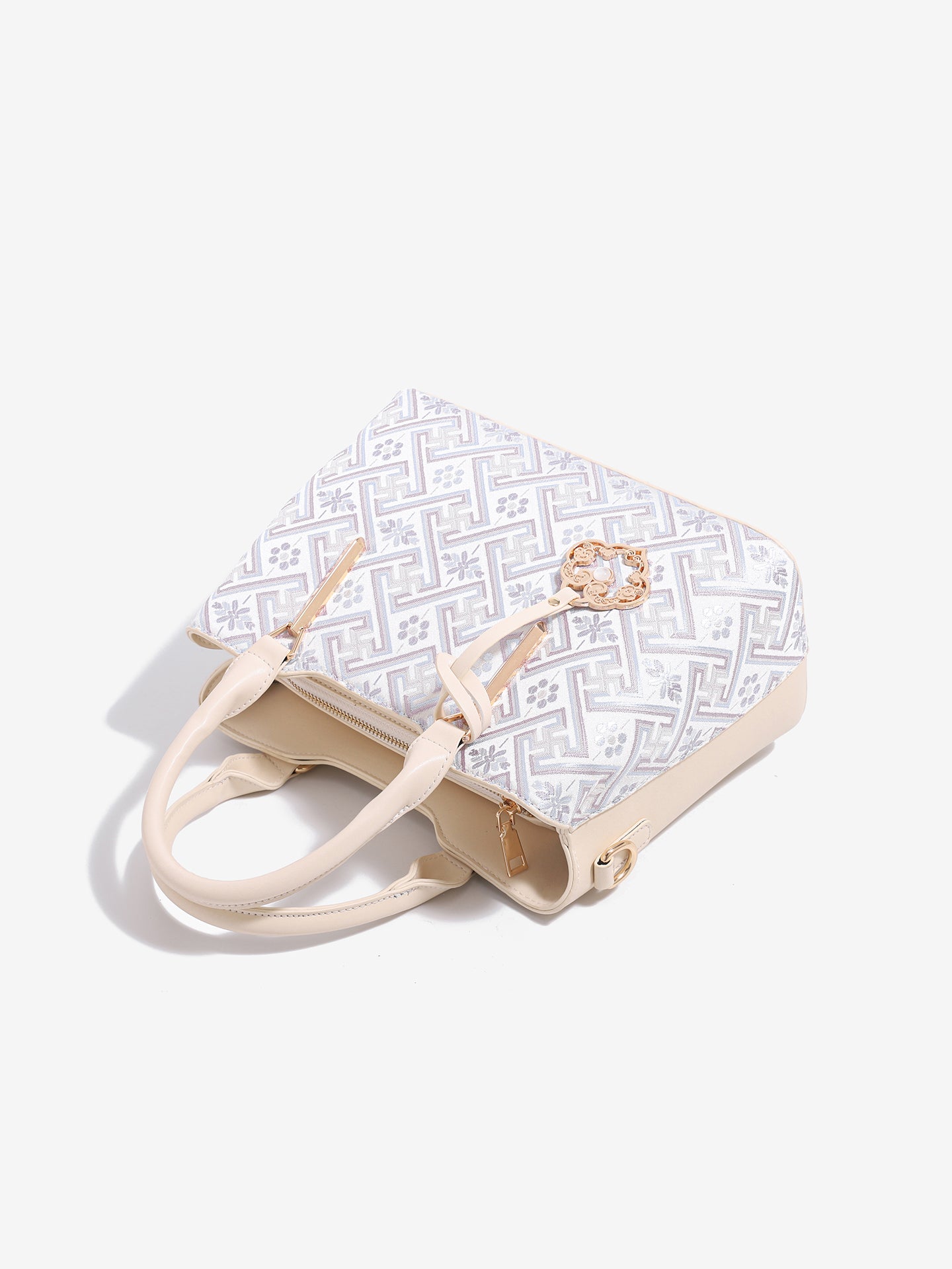Elegant Jacquard Pattern Vegan Eco-Leather Satchel Clutch Bag with Hollow Lock Charm