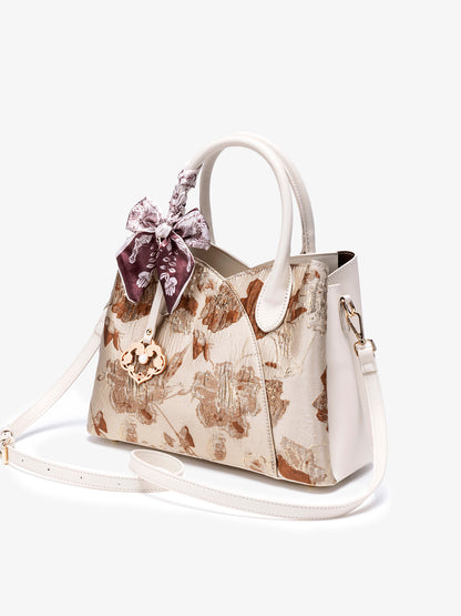Muted Luxe Floral Jacquard Vegan Eco-Leather Clutch Bag with Silk Scarf Charm