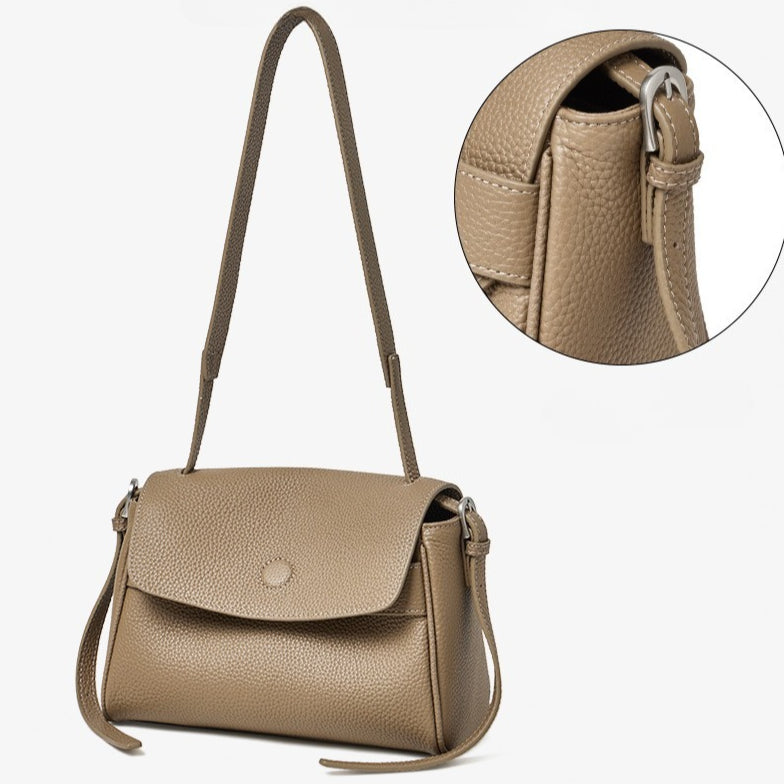 Sac bandoulière à rabat en cuir véritable grain litchi avec bandoulière réglable
