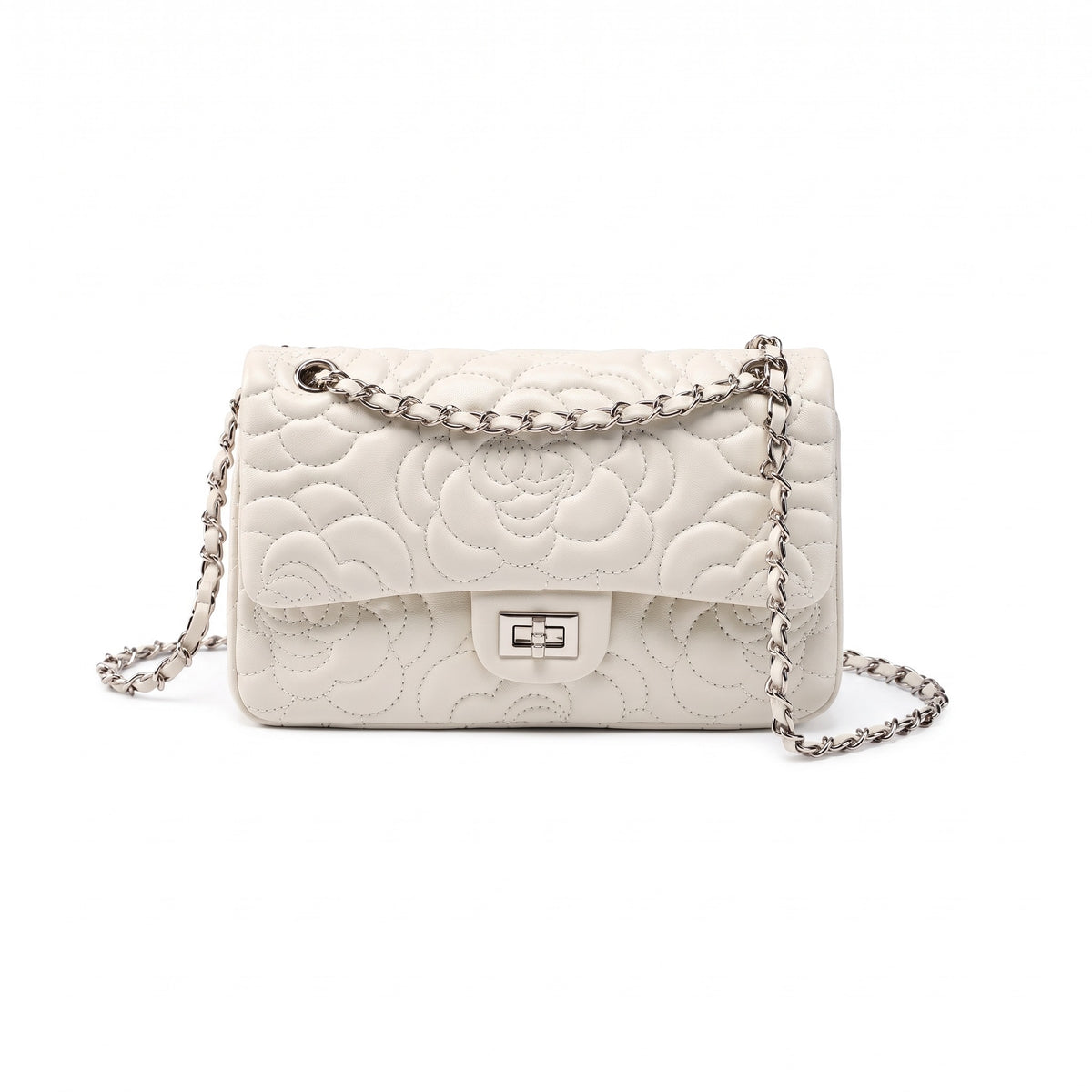 Geantă crossbody matlasată pentru femei, din piele naturală de oaie, cu lanț și model Camellia