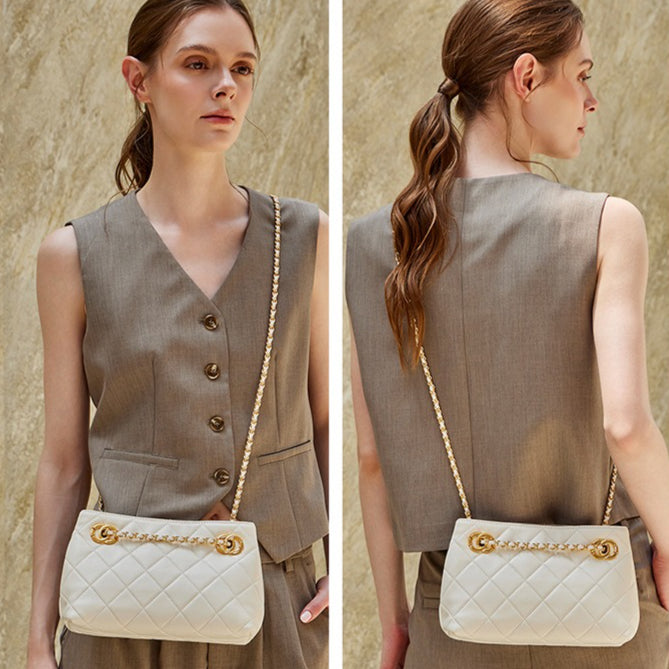 Classic Quilted Sheepskin Genuine Leather Chain Mini Tote Clutch Bag