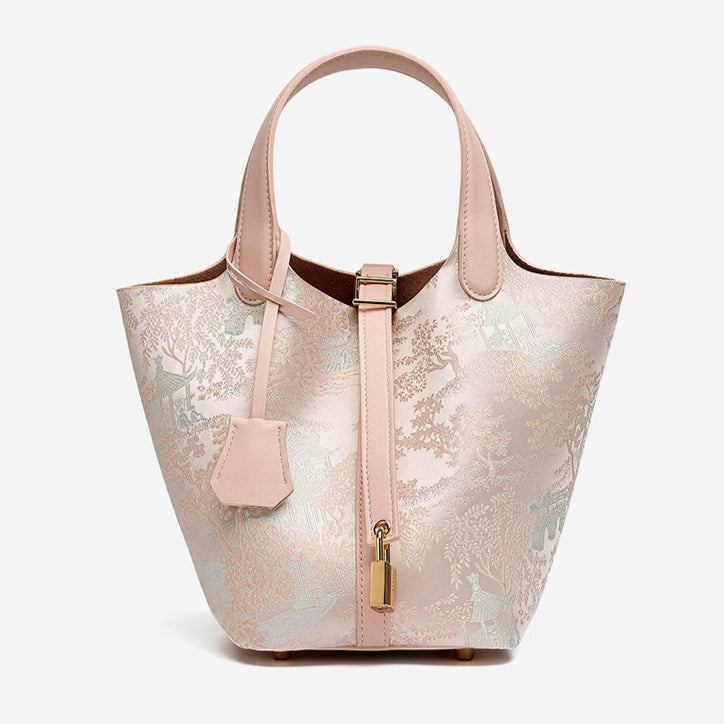 Serene Oriental Garden Genuine Leather Bucket Clutch Bag with Charm