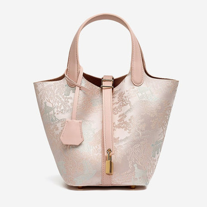 Serene Oriental Garden Genuine Leather Bucket Clutch Bag with Charm