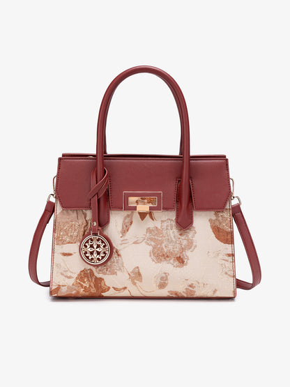 Classic Jacquard Vegan Eco-Leather Satchel Clutch Bag With Metal Charm