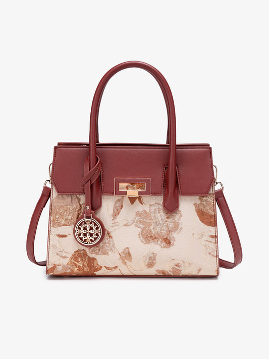 Classic Jacquard Vegan Eco-Leather Satchel Clutch Bag With Metal Charm