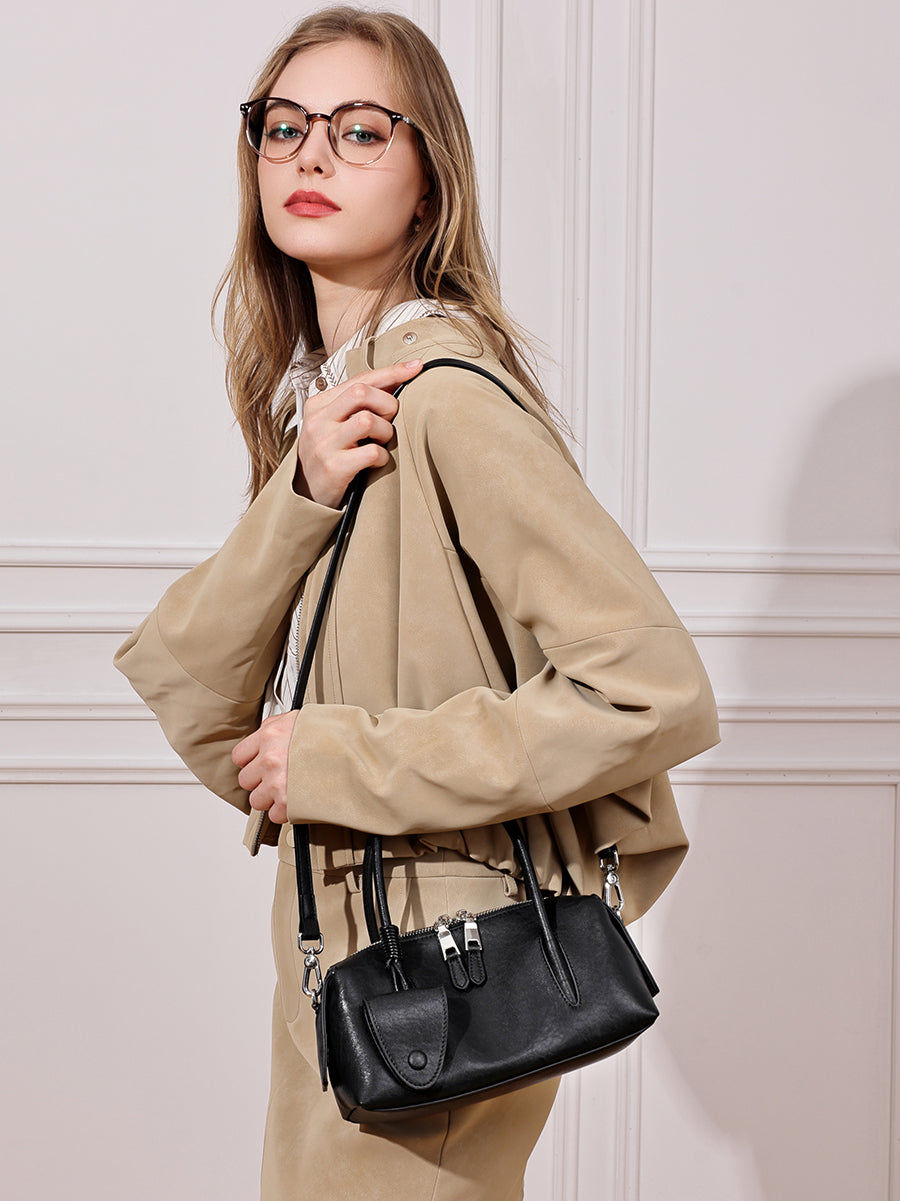 Minimalist Genuine Leather Boston Clutch Bag with Detachable Leather Tag Charm