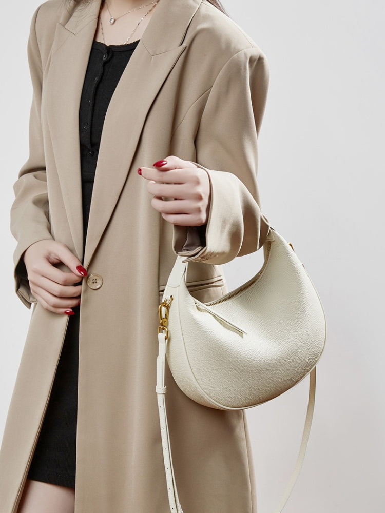 Modern Half-Moon Genuine Leather Bag - Versatile 2-Way Carry Pebbled Hobo