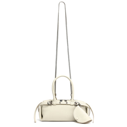 Refined Genuine Leather Petite Boston Clutch Bag with Mini Pouch