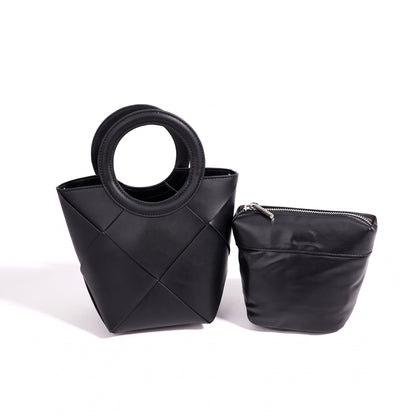 Refined Geometric Woven Genuine Leather Mini Bucket Clutch Bag