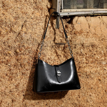 Classic Genuine Leather Underarm Bag with Metal Buckle