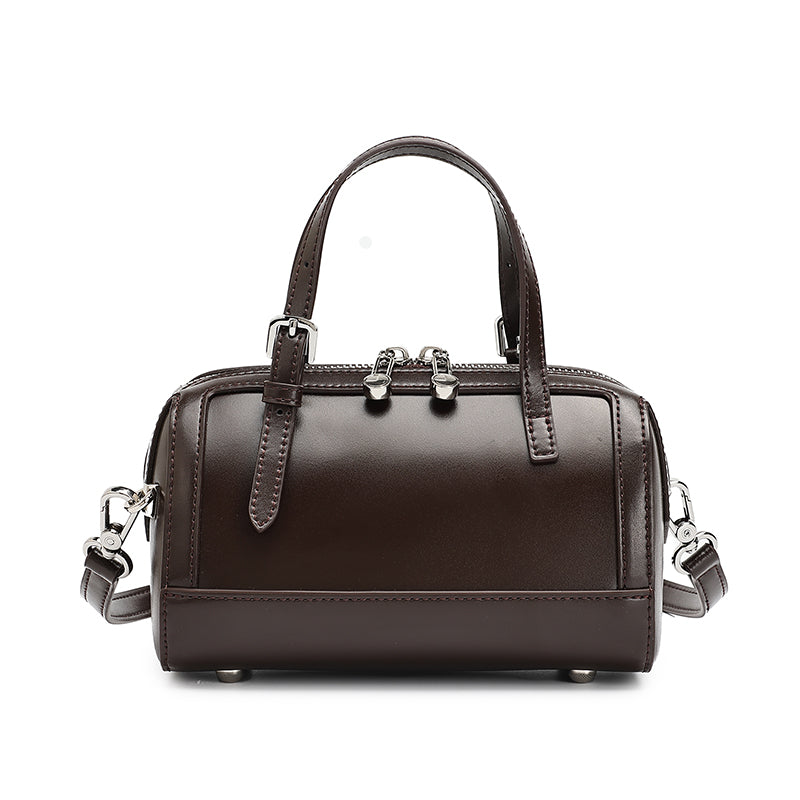 Retro Maillard Genuine Leather Boston Barrel Bag