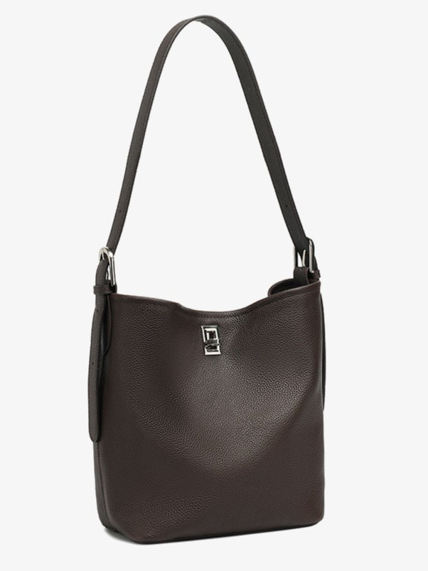 Sculpted Genuine Leather Medium Bucket Bag with Clean Linear Topstitching