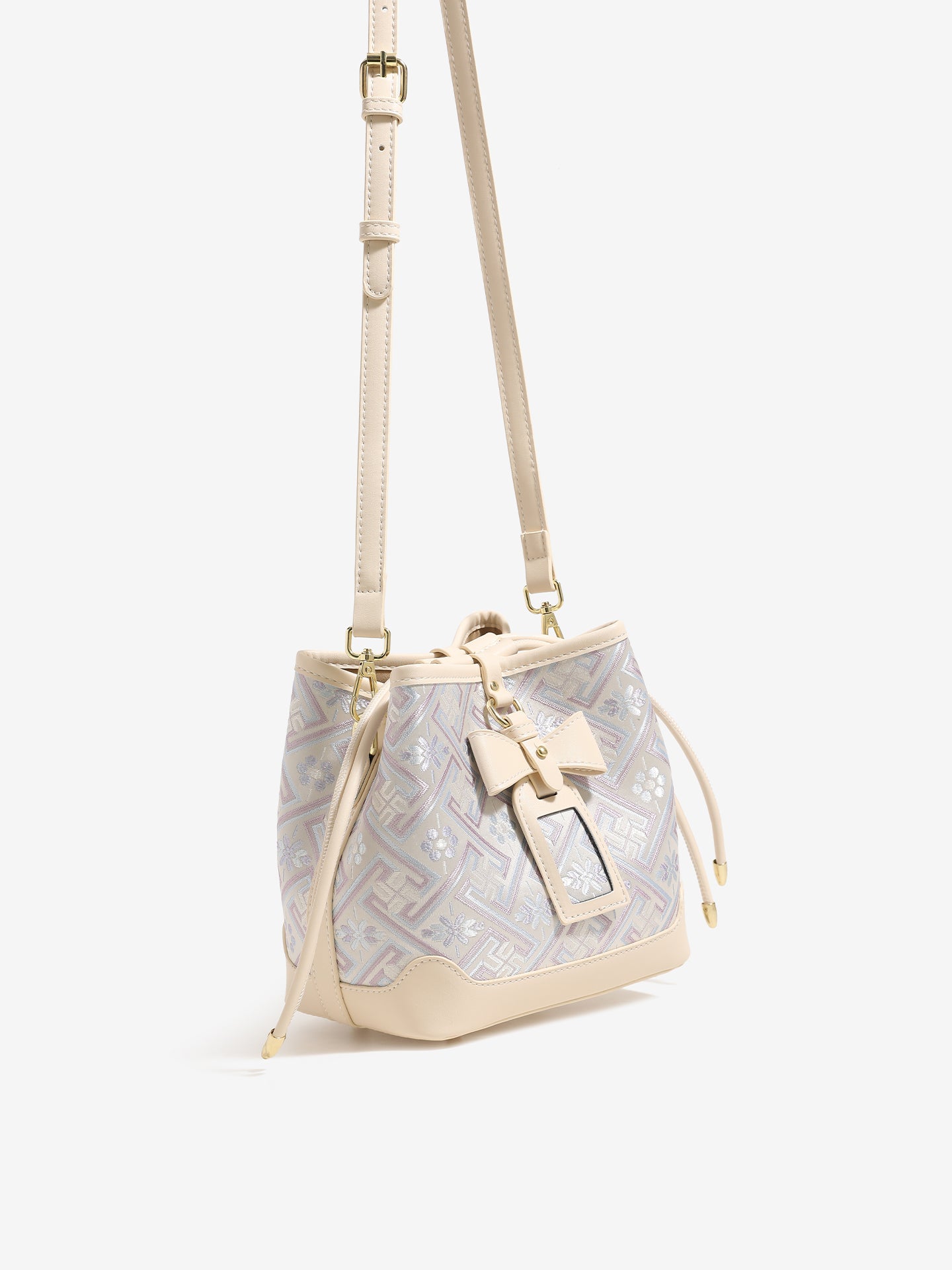 Delicate Geometric Vegan Eco-Leather Petite Bucket Clutch Bag with Bow Knot Charm