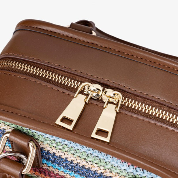 Vivacious Rainbow Striped Vegan Eco-leather Boston Clutch Bag with Cute Dachshund Charm
