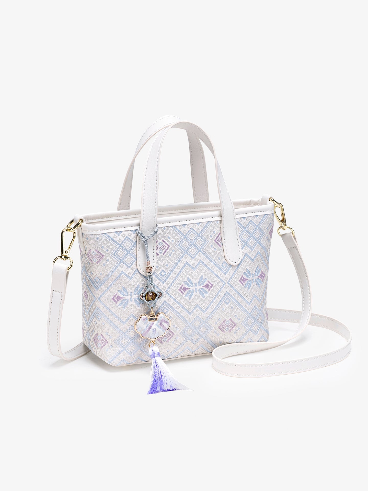 Serene Oriental Brocade Vegan Eco-Leather Mini Tote Clutch Bag with Tassel Charm