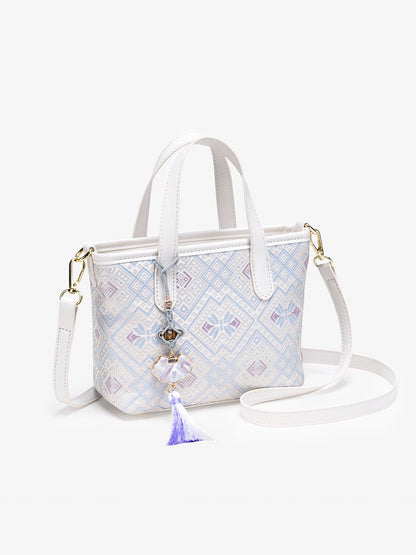 Serene Oriental Brocade Vegan Eco-Leather Mini Tote Clutch Bag with Tassel Charm