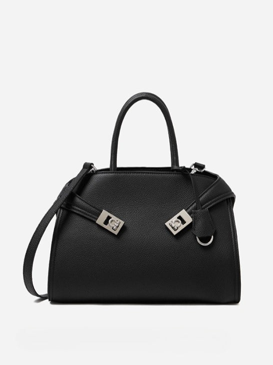 Luxury Retro Genuine Leather Lychee Pattern Double Buckle Tote Crossbody Bag