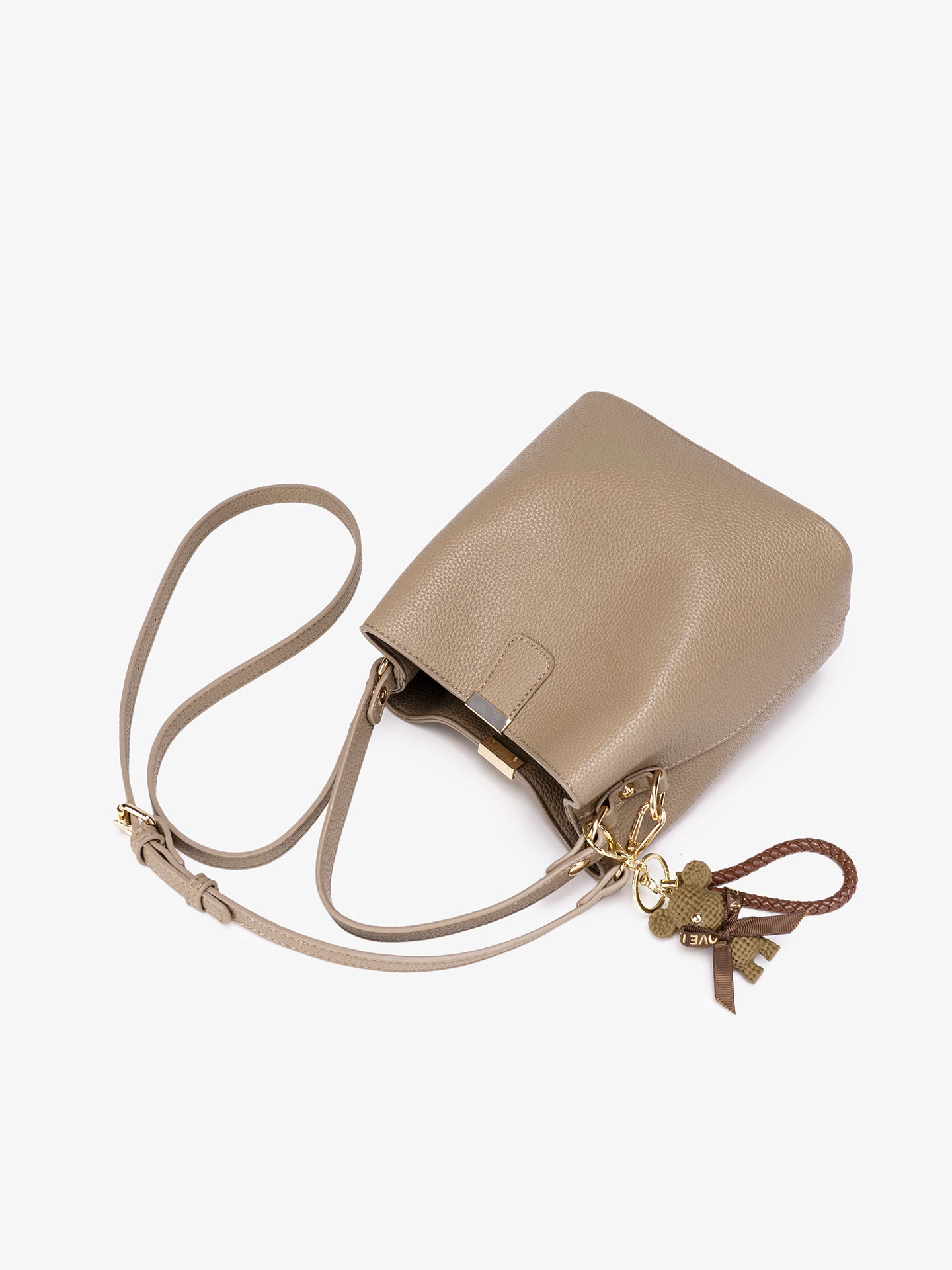 Minimalist Pebbled Vegan Eco-Leather Bucket Clutch Bag with Bear Charm
