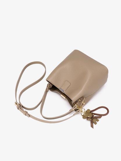 Minimalist Pebbled Vegan Eco-Leather Bucket Clutch Bag with Bear Charm