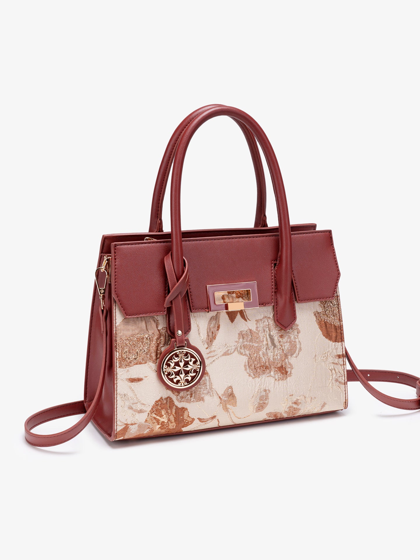 Classic Jacquard Vegan Eco-Leather Satchel Clutch Bag With Metal Charm