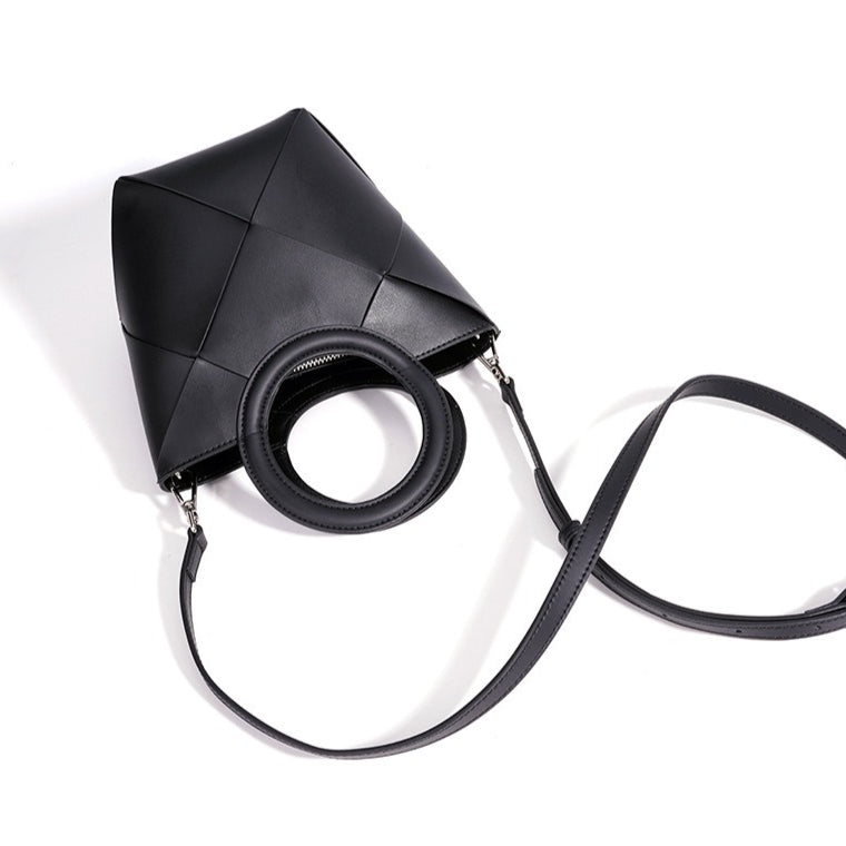 Refined Geometric Woven Genuine Leather Mini Bucket Clutch Bag