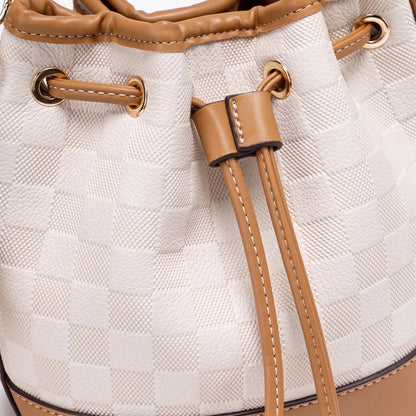 Vintage Schachbrettmuster vegane Eco-Leder Bucket Clutch Tasche mit flauschigem Charm