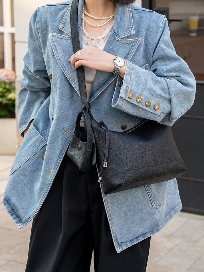 The Ethereal Slouchy Genuine Leather Bag - Minimalist Pebbled Hobo with Mini Pouch