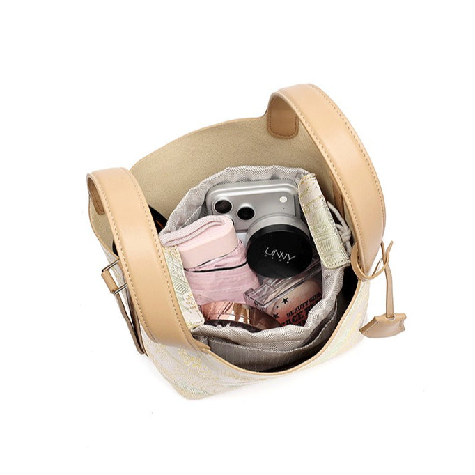 Serene Oriental Garden Genuine Leather Bucket Clutch Bag with Charm