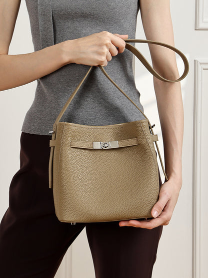 Borsa a secchiello senza tempo in vera pelle con hardware di lusso doppio D lucido