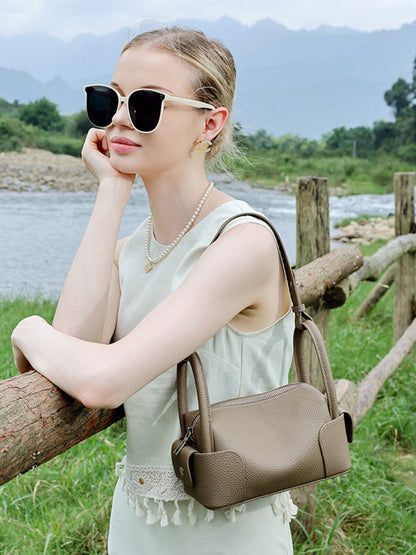 Architectural Pebbled Genuine Leather Boston Clutch Bag