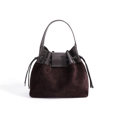Chic Suede Leather Drawstring Bucket Bag with Horse Charm