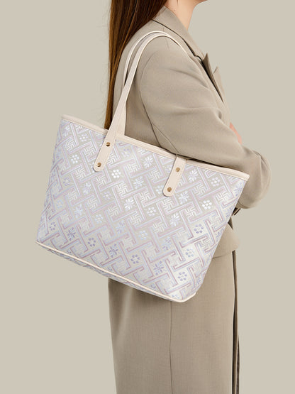 Graceful Oriental Motif Geometric Vegan Eco-Leather Tote Bag