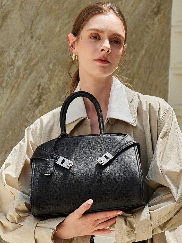 Luxury Retro Genuine Leather Lychee Pattern Double Buckle Tote Crossbody Bag