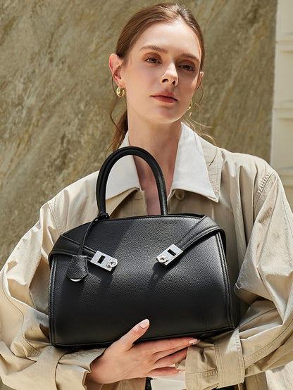 Luxury Retro Genuine Leather Lychee Pattern Double Buckle Tote Crossbody Bag
