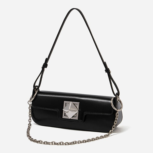Minimalist Smooth Genuine Leather Silver Buckle Baguette Bag