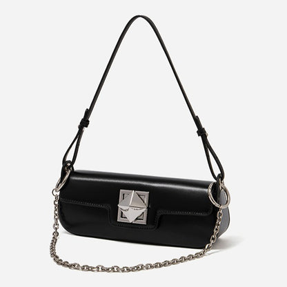 Minimalist Smooth Genuine Leather Silver Buckle Baguette Bag