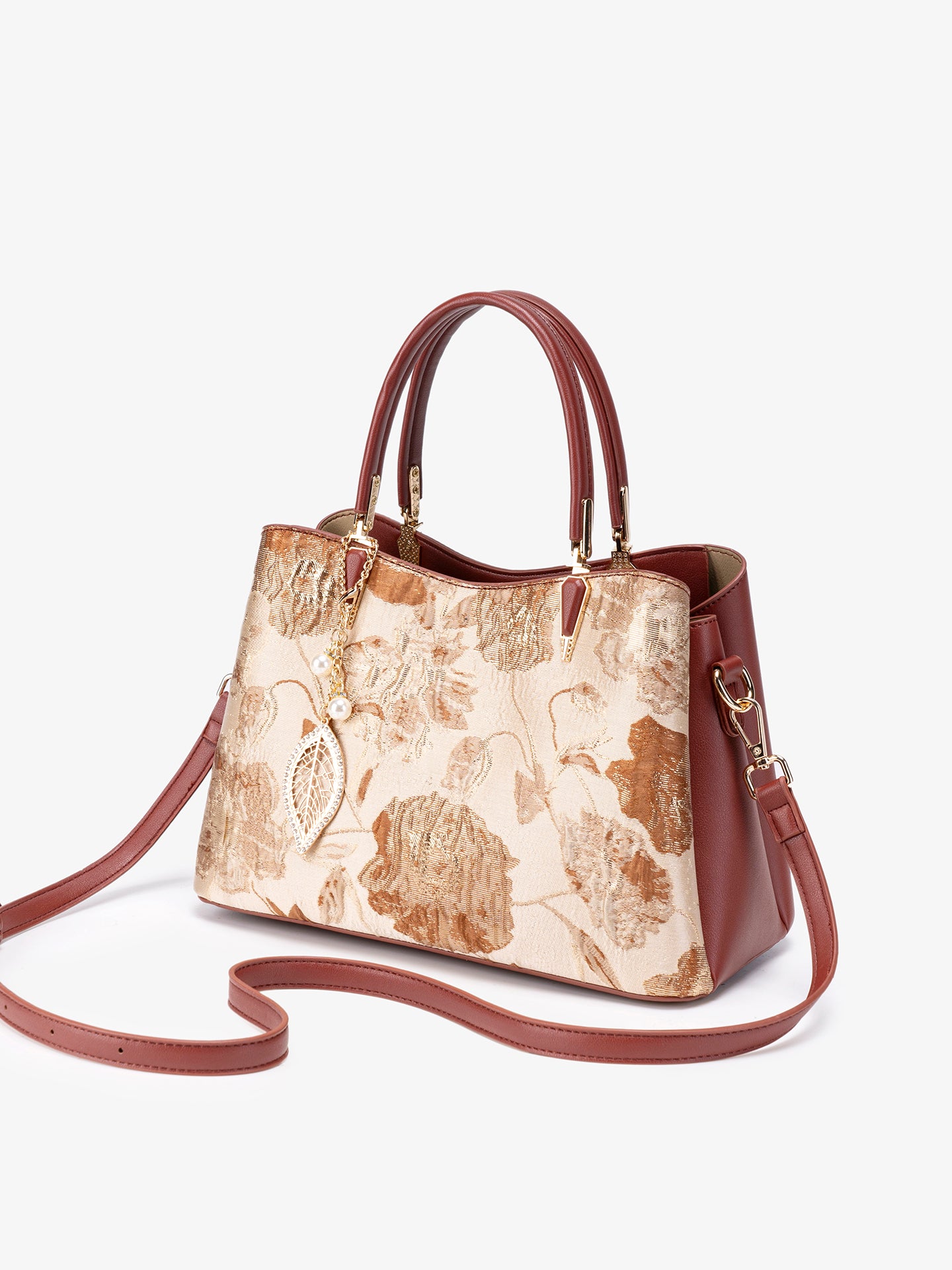 Quiet Luxe Floral Vegan Eco-Leather Clutch Bag with Leaf Charm