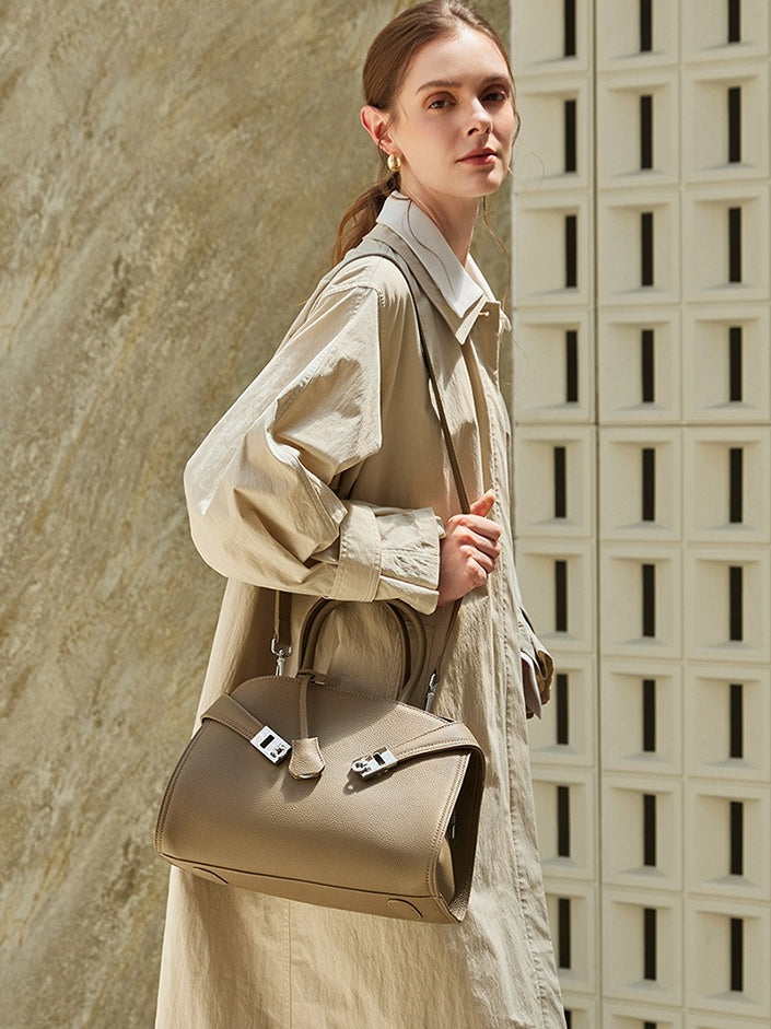 Luxury Retro Genuine Leather Lychee Pattern Double Buckle Tote Crossbody Bag