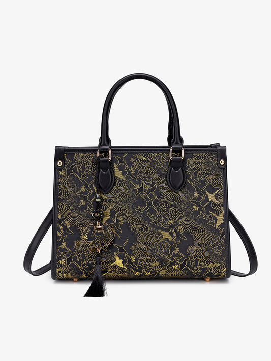Mystic Crane Motif Vegan Eco-Leather Satchel Clutch Bag