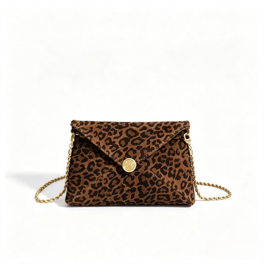 Retro Suede Genuine Leather Leopard Envelope Clutch Bag