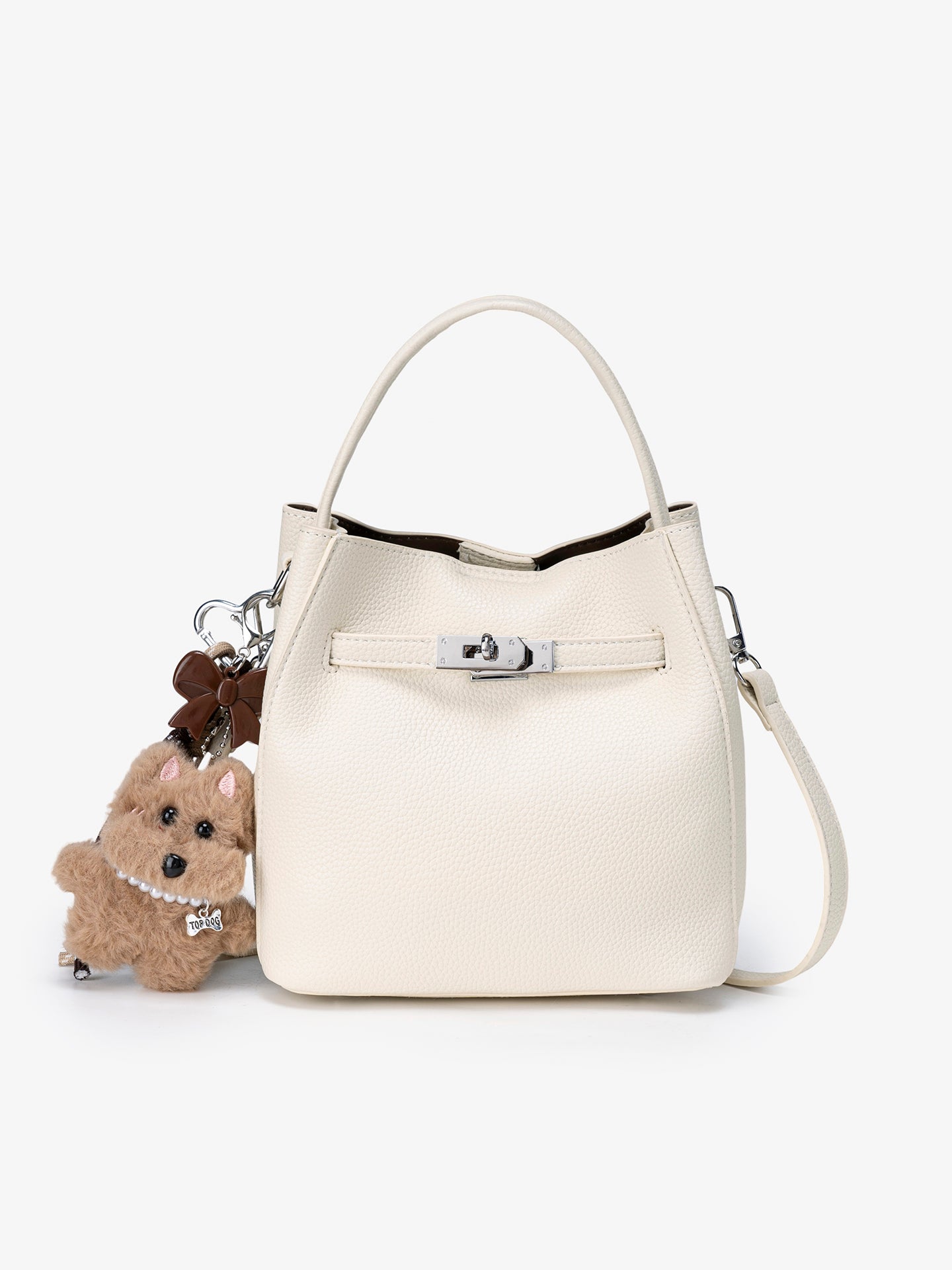 Mellow Pebble Textured Vegan Eco-Leather Bucket Bag with Fluffy Puppy Charm